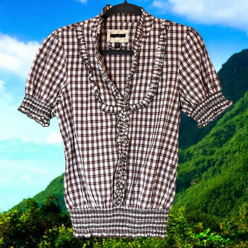 Sanctuary | Anthropology Plaid Smocked Waist Short Sleeve Top Blouse Country Med